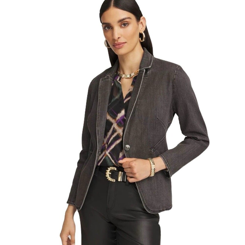 NEW Chicos Size 1 Womens Medium Charcoal Seam Detail Fitted Denim Blazer Jacket